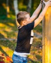 Kid Trying to Climg Wooden Pole in Park, Colorful Background