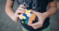 Kid holding rubik cube Royalty Free Stock Photo