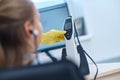 Kid undergoing the hearing screening procedure at a clinic Royalty Free Stock Photo