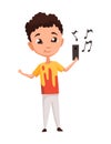 Kid using gadget. Child and modern technology colorful cartoon character. Young boy holding smart phone and listen music