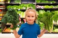 Kid with vegetables at grocery store. Healthy food for kids. Portrait of smiling little child with shopping bag at Royalty Free Stock Photo