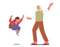 Kid Visit Granny Concept. Happy Grandfather and Grandson Character Meeting. Boy Jump of Happiness for Coming to Granddad Royalty Free Stock Photo