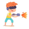 Kid in vr glasses headset play, virtual reality technology vector illustration. Cartoon boy gamer character playing