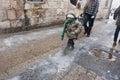 Kid walking in Jerusalem snowfall Royalty Free Stock Photo