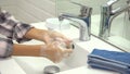 Kid Washing Hands in Bathroom, Child Using Soap and Water, Teenager Girl Health Care