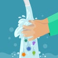 Kid washing hands. Clean hand without germs and bacterias under faucet. Childrens handwashing, virus protection vector