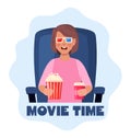 Kid watching movie with 3d glasses. Soda and popcorn in kids hands. Movie time concept. Cinema theater entertainment for children Royalty Free Stock Photo