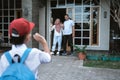 Kid waving goodbye to parent before school Royalty Free Stock Photo