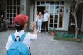 Kid waving goodbye to parent before school Royalty Free Stock Photo