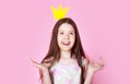 Kid wear golden crown symbol princess. Every girl dreaming become princess. Lady little princess. Girl wear crown pink