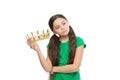 Kid wear golden crown symbol of princess. Girl dreaming become princess. Lady cute little princess. Royal concept. Child Royalty Free Stock Photo