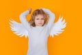 Kid wearing angel costume white dress and feather wings. Innocent child. Little angel on isolated studio background. Royalty Free Stock Photo