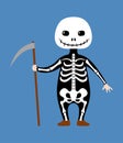 Kid wearing skeleton costume for Halloween holding scythe in their hand. Vector flat illustration in chibi style. Isolated on blue