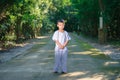 Kid on white clothing , practice walking Meditation Royalty Free Stock Photo