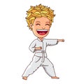 Kid in a white suit is engaged in karate Royalty Free Stock Photo