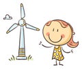 Kid and wind turbine. Conservation energy, ecology, green energy. Illustration in cartoon style on white background