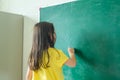 Kid write on chalk board. Back to school. Schoolchild in class. Happy kid writing green blackboard Royalty Free Stock Photo