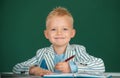 Kid writing in class. Child at school. Kid is learning in class on background of blackboard. Royalty Free Stock Photo