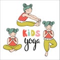 Kid yoga logo. Gymnastics for children. Healthy lifestyle poster. Vector illustration. Three girls in yoga poses. Royalty Free Stock Photo