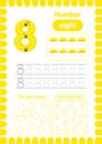 Kida activity pages. Learn numbers. Preschool worksheets. Number eight