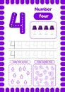 Kida activity pages. Learn numbers. Preschool worksheets. Number four