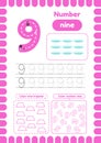 Kida activity pages. Learn numbers. Preschool worksheets. Number nine