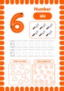 Kida activity pages. Learn numbers. Preschool worksheets. Number six