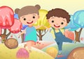 Kiddies on Candy Background. Cartoon sweet land. Boy and girl. Ice cream and caramel. Chocolate. Cute childrens