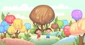 Kiddies on Candy Background. Cartoon sweet land. Boy and girl. Ice cream and caramel. Chocolate tree. Cute childrens