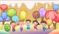 Kiddies on Candy Background. Cartoon sweet land. Boys and girls. Ice cream and caramel. Chocolate. Cute childrens