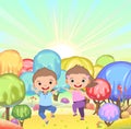 Kiddies on Candy Background. Cartoon sweet land. Sunrise. Boy and girl. Ice cream and caramel. Chocolate. Cute childrens fairytale