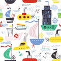 Kiddish cute seamless pattern with kids toy water transport for nursery decoration. Baby bright cartoon boat, yacht Royalty Free Stock Photo