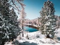 Kidelu lake in Altai mountains, Siberia, Russia. First snow in the autumn forest Royalty Free Stock Photo