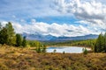 Kidelu lake, snow-covered mountains and autumn forest in Altai Republic, Siberia, Russia Royalty Free Stock Photo