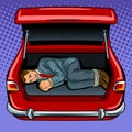 Kidnapped man in the car trunk pop art vector