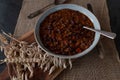 Kidney bean stew with ground beef, baked, beans, bell peppers, onions, garlic herbs, tomatoes on a plate Royalty Free Stock Photo