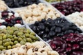 Kidney beans background, assortment haricot - red, black, white, mung in square cells macro. Royalty Free Stock Photo