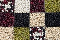 Kidney beans background, different kind haricot - red, black, white, mung in square cells closeup top view. Royalty Free Stock Photo