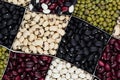 Kidney beans background, different kind haricot - red, black, white, mung in square cells closeup top view. Royalty Free Stock Photo