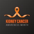 Kidney Cancer Banner, Card, Placard with Vector 3d Realistic Orange Ribbon on Black Background. Kidney Cancer Awareness