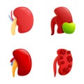 Kidney disease icons set cartoon vector. Human kidney model with disease