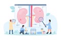 Kidney disease, nephrology, tiny doctors study infographic diagram of human kidney