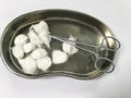 kidney dish with needle holder and cotton ball Royalty Free Stock Photo