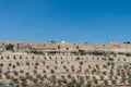 The Kidron Valley,  separating the Temple Mount from the Mount of Olives in Jerusalem, with Jewish graveyard and olive trees, and Royalty Free Stock Photo