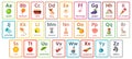 Kids ABC cards. Letter study set, english alphabet with food, animals and fairy tale characters cartoon illustrations Royalty Free Stock Photo