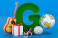 Kids ABC, fluffy letter G with guitar, geographical globe, gift box, gold bar, golf ball. 3D rendering