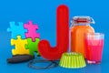 Kids ABC, fluffy letter J with jar of jam, jump rope, juce, jigsaw puzzle, fruit jelly. 3D rendering