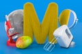 Kids ABC, fluffy letter M with moon, microscope, mirror, mixer, mango. 3D rendering