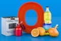 Kids ABC, fluffy letter O with oven, oil can, orange, onion, sunflower oil bottle. 3D rendering