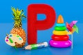 Kids ABC, fluffy letter P with pencil, pinwheel, pyramid toy, paintbrush, pineapple, 3D rendering